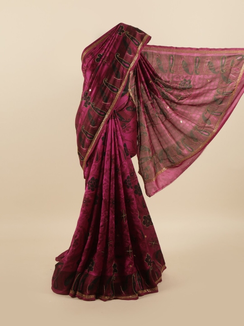 

Pothys Pink & Black Ethnic Motifs Beads and Stones Pure Silk Saree