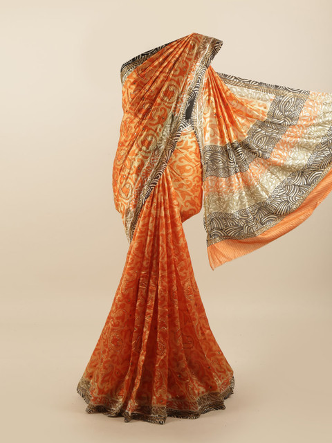 

Pothys Orange & Black Ethnic Motifs Beads and Stones Pure Silk Saree