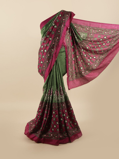 

Pothys Green & Pink Embellished Beads and Stones Pure Silk Saree