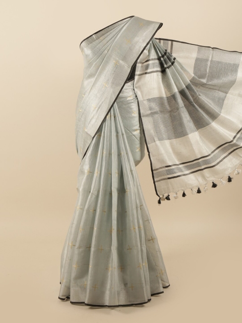 

Pothys Silver-Toned & Gold-Toned Woven Design Zari Linen Blend Saree