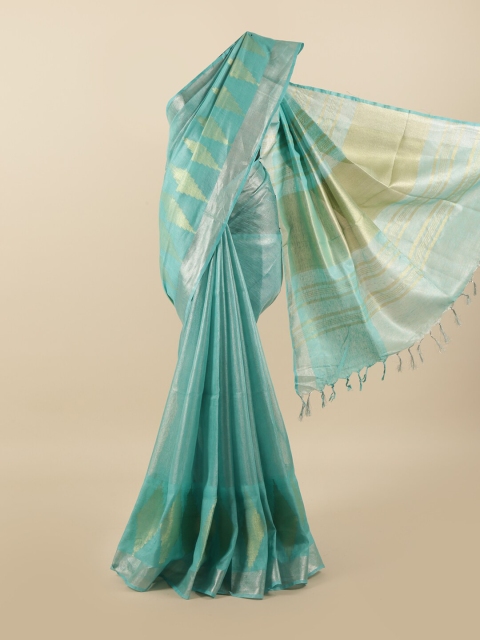 

Pothys Blue & Gold-Toned Woven Design Zari Linen Blend Saree