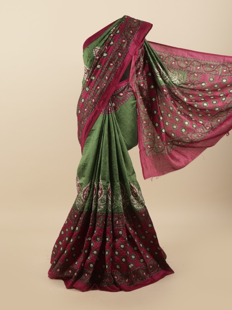 

Pothys Green & Pink Ethnic Motifs Beads and Stones Pure Silk Saree