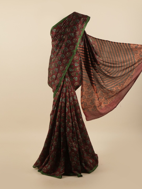 

Pothys Maroon & Green Ethnic Motifs Beads and Stones Pure Silk Saree