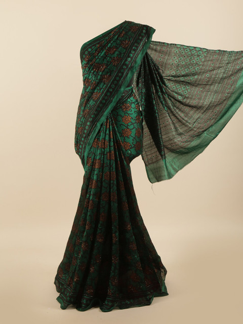 

Pothys Green & Black Floral Beads and Stones Pure Silk Saree