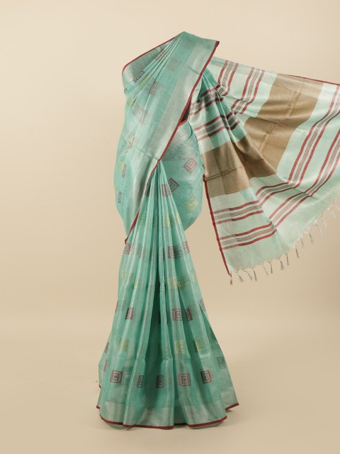 

Pothys Sea Green & Brown Zari Linen Blend Saree