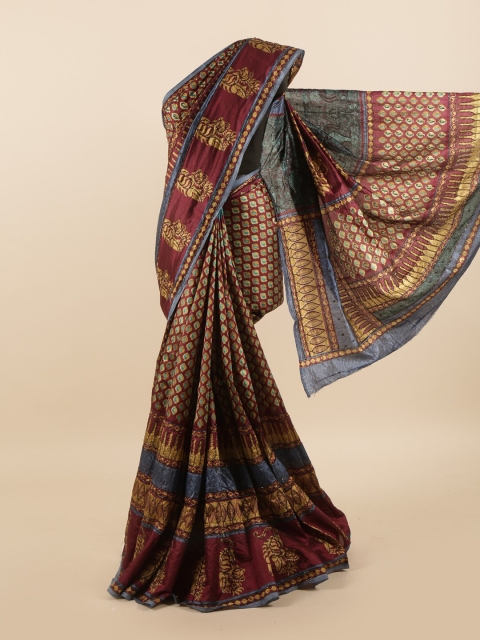 

Pothys Maroon & Tan Embellished Beads and Stones Pure Silk Saree