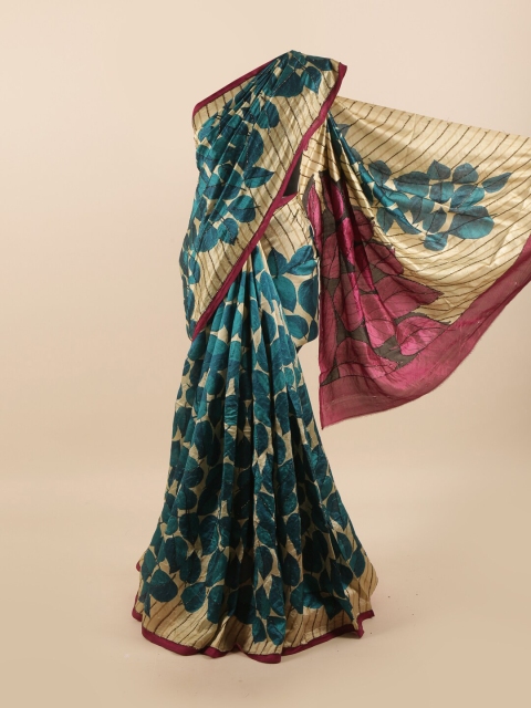 

Pothys Cream-Coloured & Green Floral Beads and Stones Pure Silk Saree