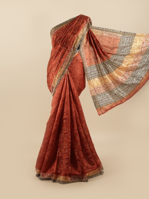 

Pothys Orange & Yellow Floral Beads and Stones Pure Silk Saree