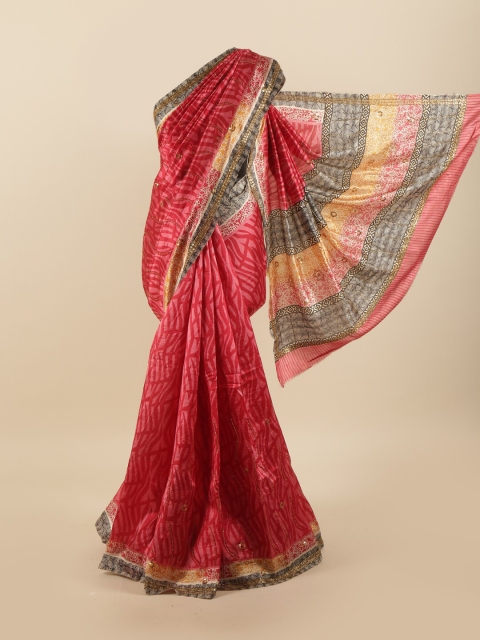 

Pothys Pink & Red Floral Printed Beads & Stones Pure Dupion Silk Saree