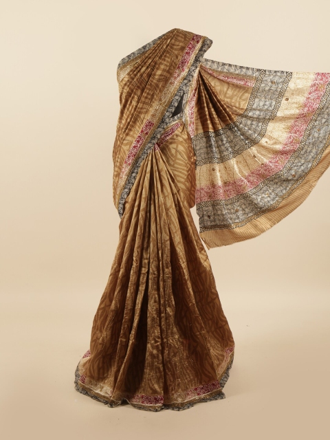 

Pothys Brown & Red Floral Printed Beads & Stones Pure Dupion Silk Saree