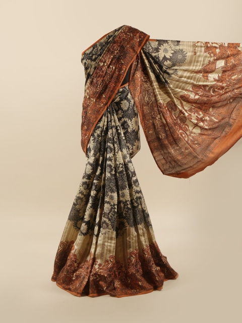 

Pothys Cream-Coloured & Black Floral Printed Beads & Stones Pure Dupion Silk Saree