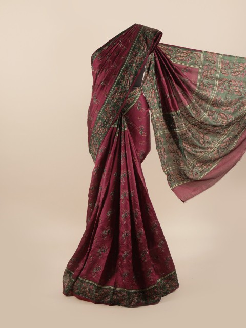 

Pothys Purple & Green Floral Printed Beads & Stones Pure Dupion Silk Saree