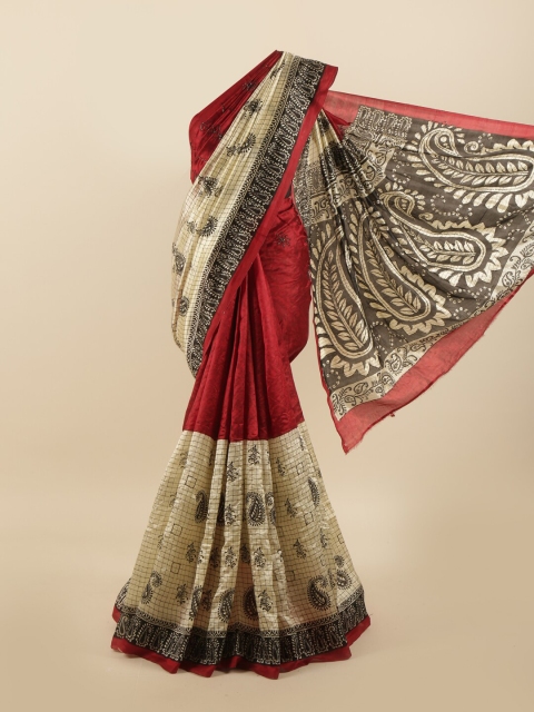 

Pothys Cream-Coloured & Red Paisley Printed Beads & Stones Pure Dupion Silk Saree