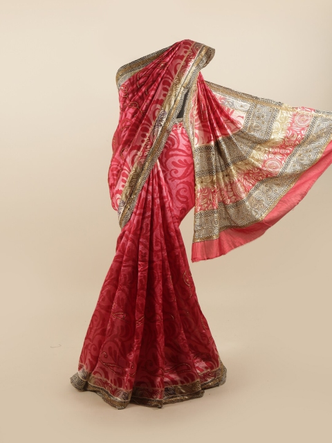 

Pothys Pink & Cream-Coloured Floral Printed Beads & Stones Pure Dupion Silk Saree