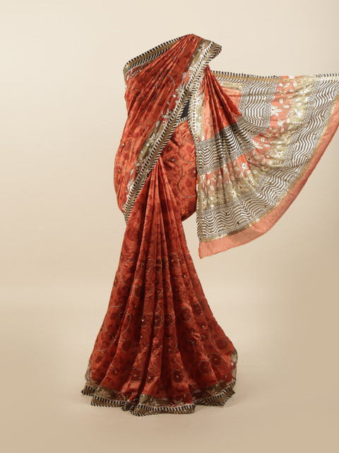

Pothys Rust & Black Floral Printed Beads & Stones Pure Dupion Silk Saree
