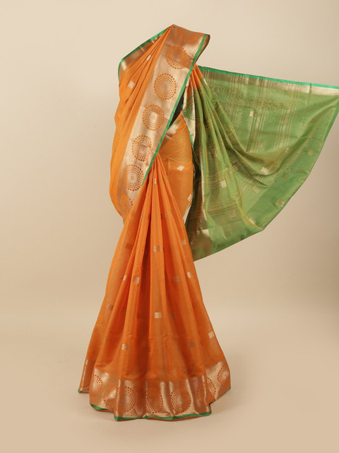 

Pothys Orange & Green Ethnic Motifs Zari Tissue Saree