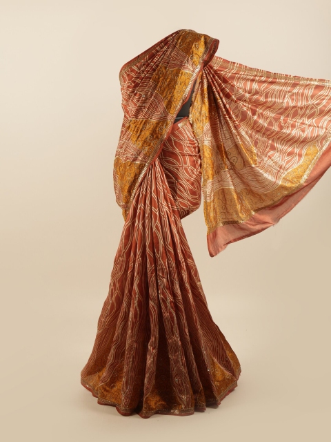

Pothys Rust & Mustard Floral Printed Beads & Stones Pure Dupion Silk Saree