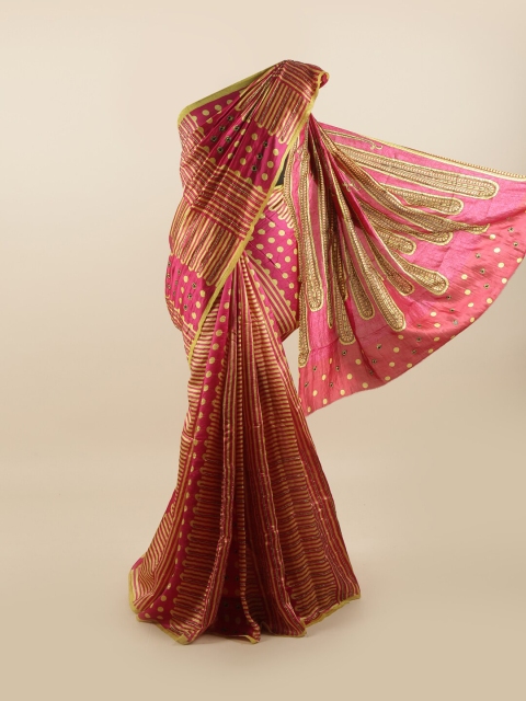 

Pothys Pink & Green Printed Beads & Stones Pure Dupion Silk Saree
