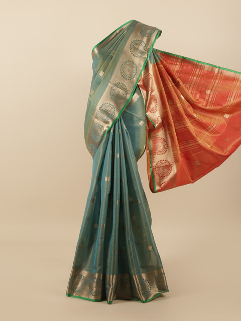 

Pothys Blue & Gold-Toned Ethnic Motifs Zari Tissue Saree