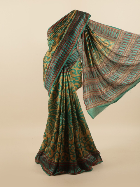 

Pothys Green & Yellow Floral Printed Beads & Stones Pure Dupion Silk Saree