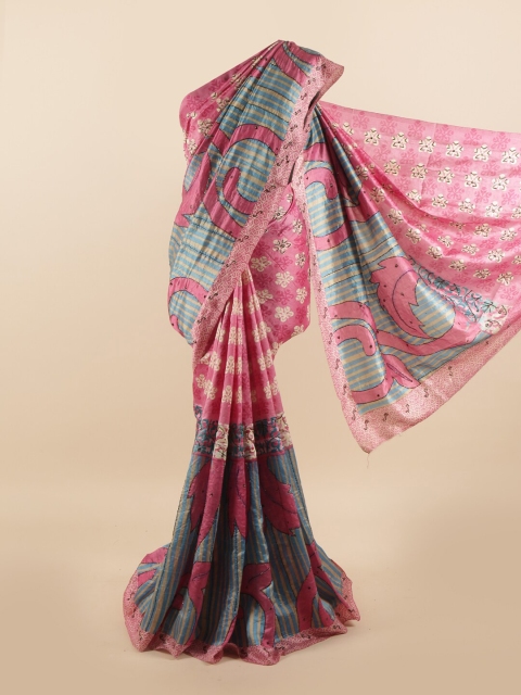 

Pothys Pink & Blue Floral Printed Beads & Stones Pure Dupion Silk Saree