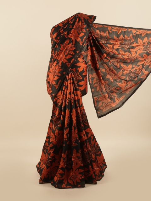 

Pothys Black & Orange Floral Beads & Stones Pure Dupion Silk Saree
