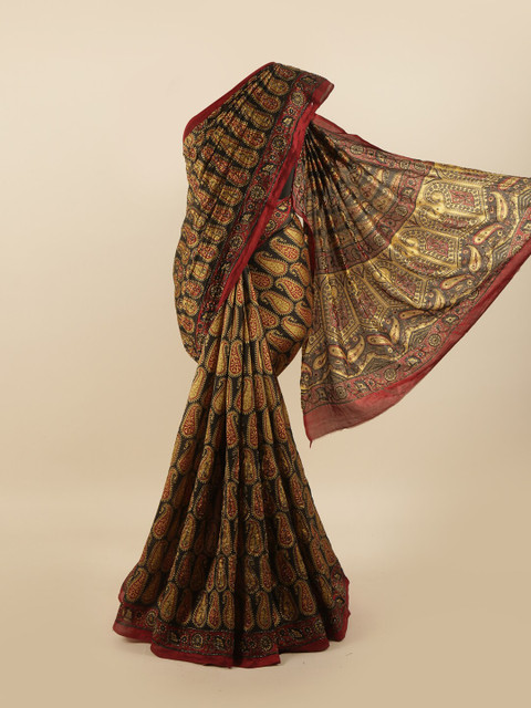 

Pothys Black & Beige Paisley Printed & Stones Pure Dupion Silk Saree