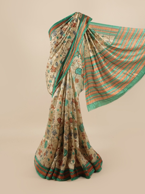 

Pothys Cream-Coloured & Green Floral Printed Beads & Stones Pure Dupion Silk Saree