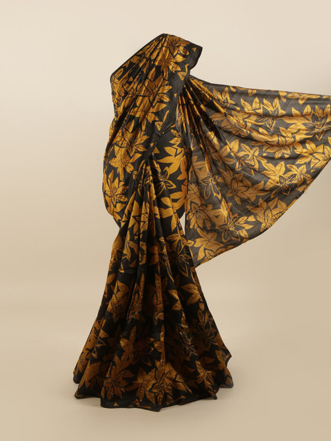 

Pothys Black & Yellow Floral Printed Pure Dupion Silk Saree