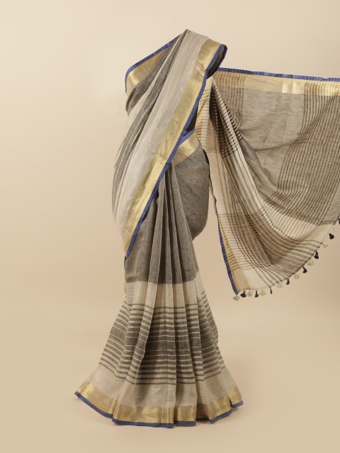 

Pothys Grey & Gold-Toned Striped Zari Saree