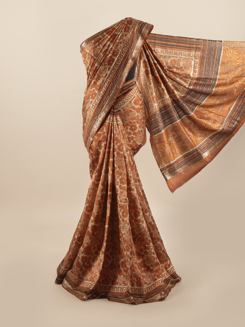 

Pothys Brown & Cream-Coloured Floral Printed Beads & Stones Pure Dupion Silk Saree