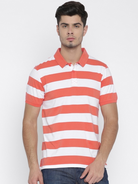 

Fame Forever by Lifestyle Men Coral Orange & White Striped Polo Collar T-shirt