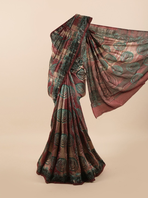 

Pothys Brown & Teal Blue Floral Printed Beads & Stones Pure Dupion Silk Saree