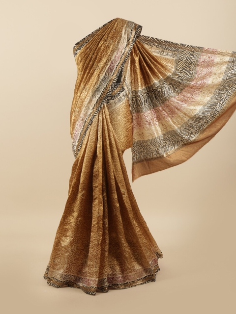 

Pothys Gold-Toned & Black Floral Printed Beads & Stones Pure Dupion Silk Saree
