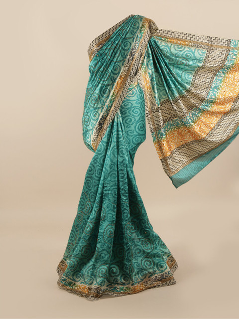 

Pothys Green & Beige Floral Printed Beads & Stones Pure Dupion Silk Saree