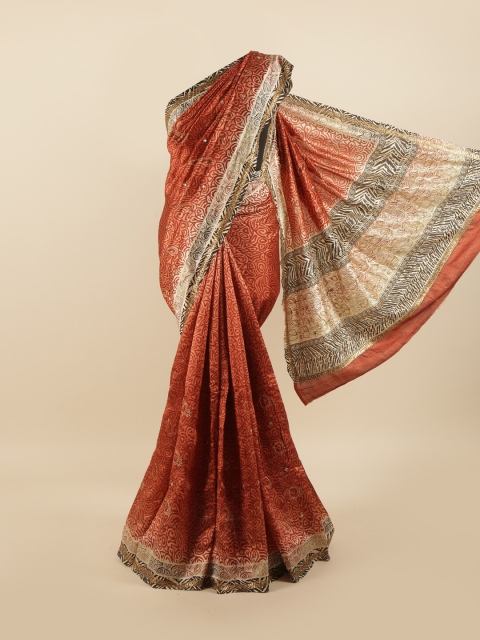 

Pothys Rust & Beige Floral Printed Beads & Stones Pure Dupion Silk Saree