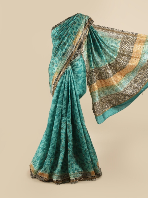 

Pothys Green & Gold-Toned Floral Printed Beads & Stones Pure Dupion Silk Saree
