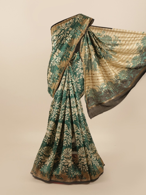 

Pothys Green & Cream-Coloured Floral Printed Beads & Stones Pure Dupion Silk Saree