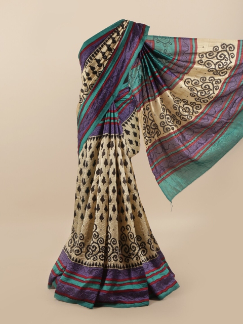 

Pothys Cream-Coloured & Green Floral Printed Beads & Stones Pure Dupion Silk Saree