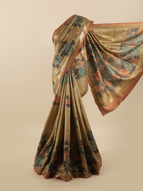 

Pothys Cream-Coloured & Green Floral Printed Beads & Stones Pure Dupion Silk Saree