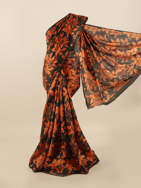 

Pothys Black & Orange Floral Printed Beads & Stones Pure Dupion Silk Saree
