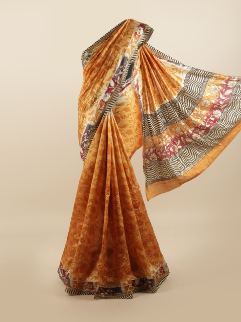 

Pothys Orange & Black Floral Printed Beads & Stones Pure Dupion Silk Saree