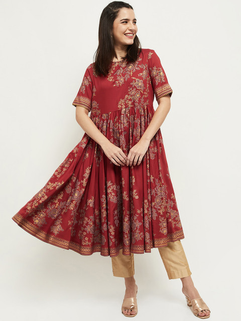 

max Women Red & Gold-Toned Ethnic Motifs Printed Anarkali Kurta