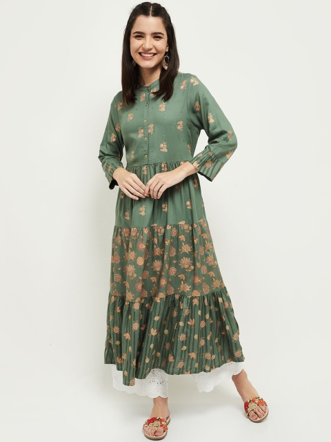 

max Women Green & Gold-Toned Ethnic Motifs Printed Anarkali Kurta