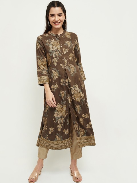 

max Women Brown & Cream-Coloured Floral Printed Kurta