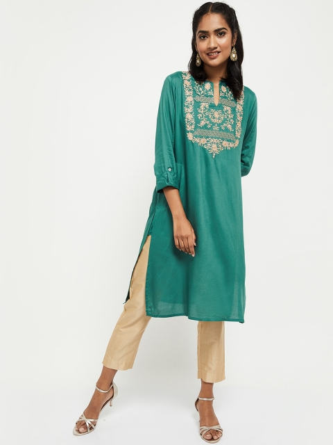 

max Women Teal Ethnic Motifs Embroidered Keyhole Neck Kurta