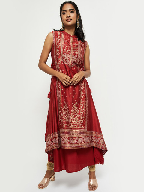 

max Women Red & Gold-Toned Ethnic Motifs Printed Keyhole Neck Anarkali Kurta