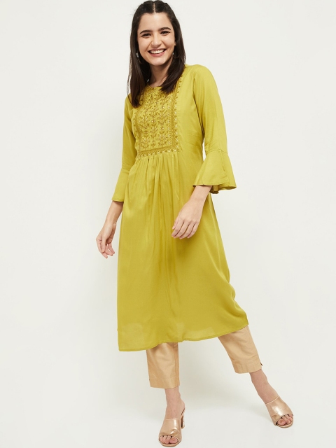 

max Women Lime Green Embroidered Bell Sleeves Kurta