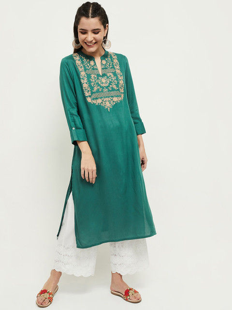 

max Women Teal & Gold-Toned Geometric Yoke Design Keyhole Neck Kurta