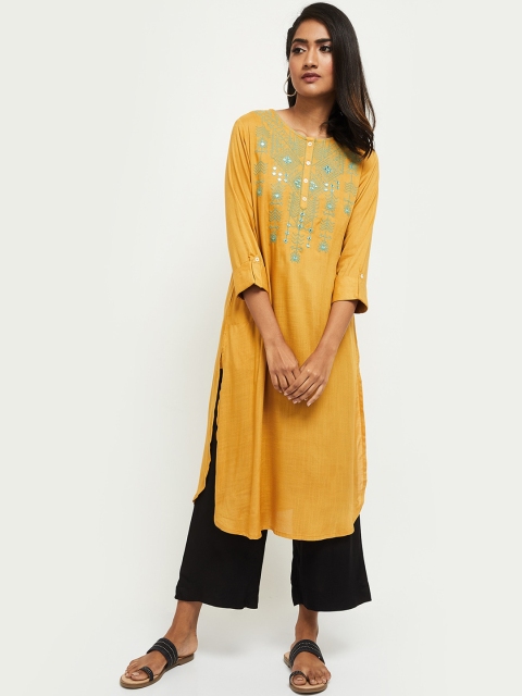 

max Women Mustard Yellow & Turquoise Blue Embroidered Thread Work Kurta